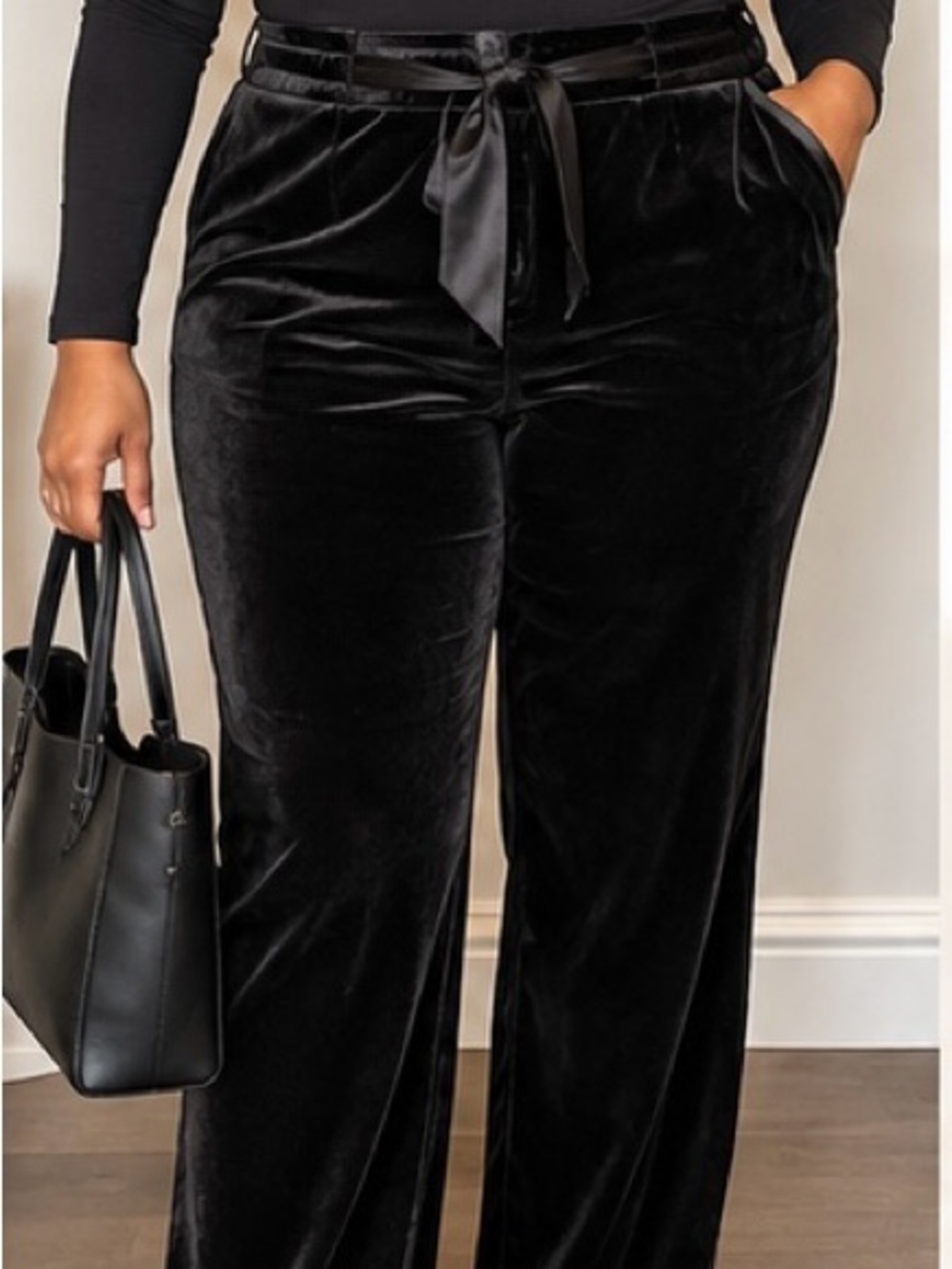 Jules & Leopold Black Velvet Pants Satin Tie Waist Straight Leg Dress Pants